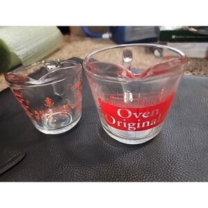 Set Of 2 Vintage Anchor Hocking Red Oven Originals Glass Measuring Cups 2c & 1c
